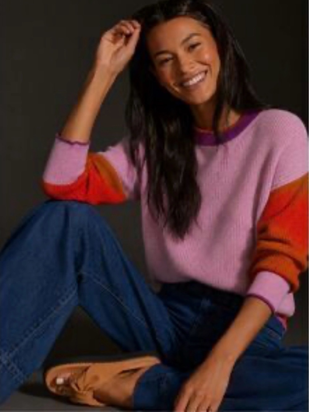 Anthropologie Maeve Cashmere Pink and Orange Colorblock Crewneck Sweater size S.